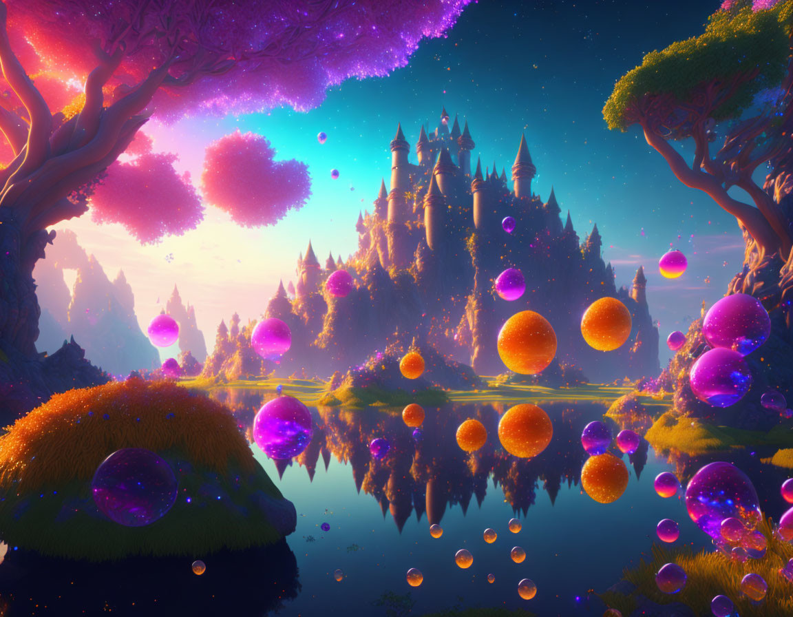 Fantasy landscape with castle, purple trees, twilight sky, and glowing orbs.