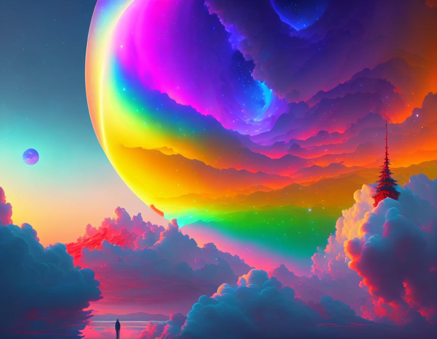 Colorful surreal sky artwork with planet, moon, and lone figure