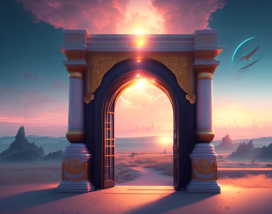 Ornate open gateway on sandy landscape at sunrise with surreal sky creature