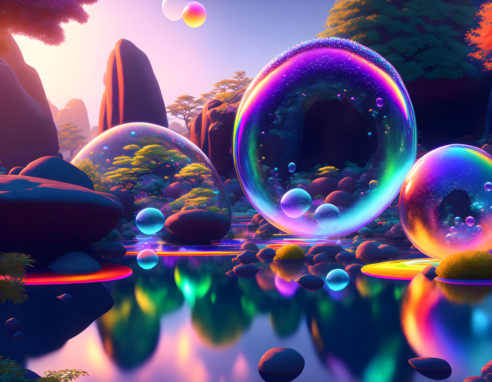 Colorful fantasy landscape with reflective water and floating iridescent bubbles