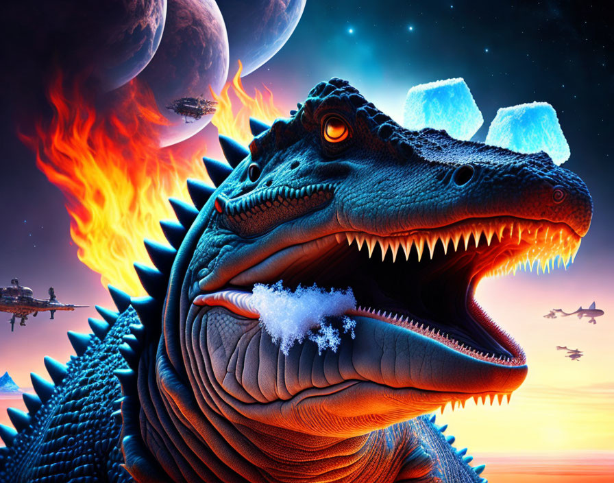 Colorful T-rex with ice cubes, fiery backdrop, spaceships, and planet in night sky