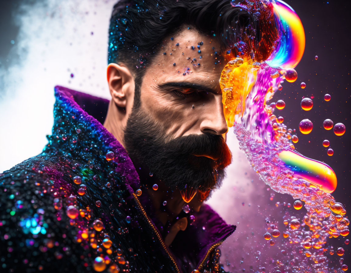 Dark-bearded man against vibrant background with liquid burst and colorful bubbles