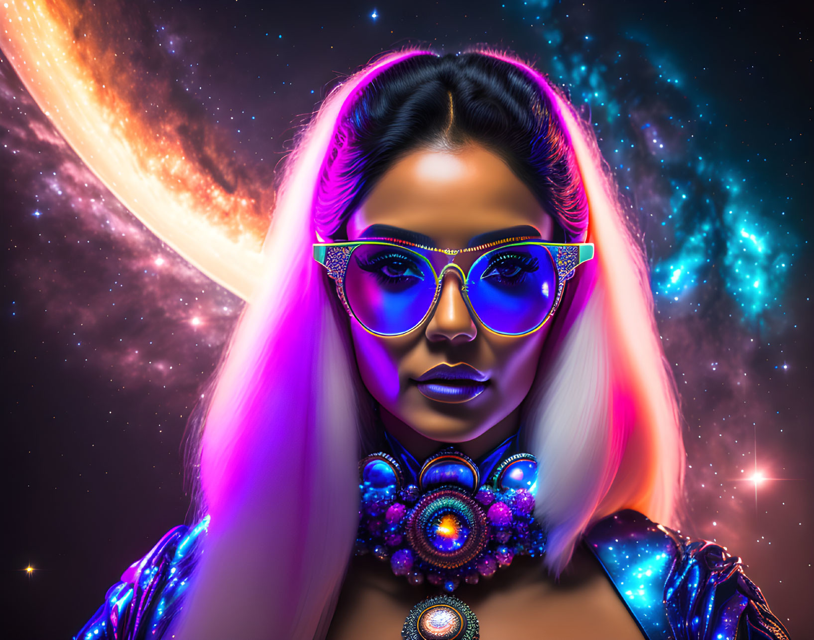 Colorful Makeup and Neon Glasses Portrait with Cosmic Background