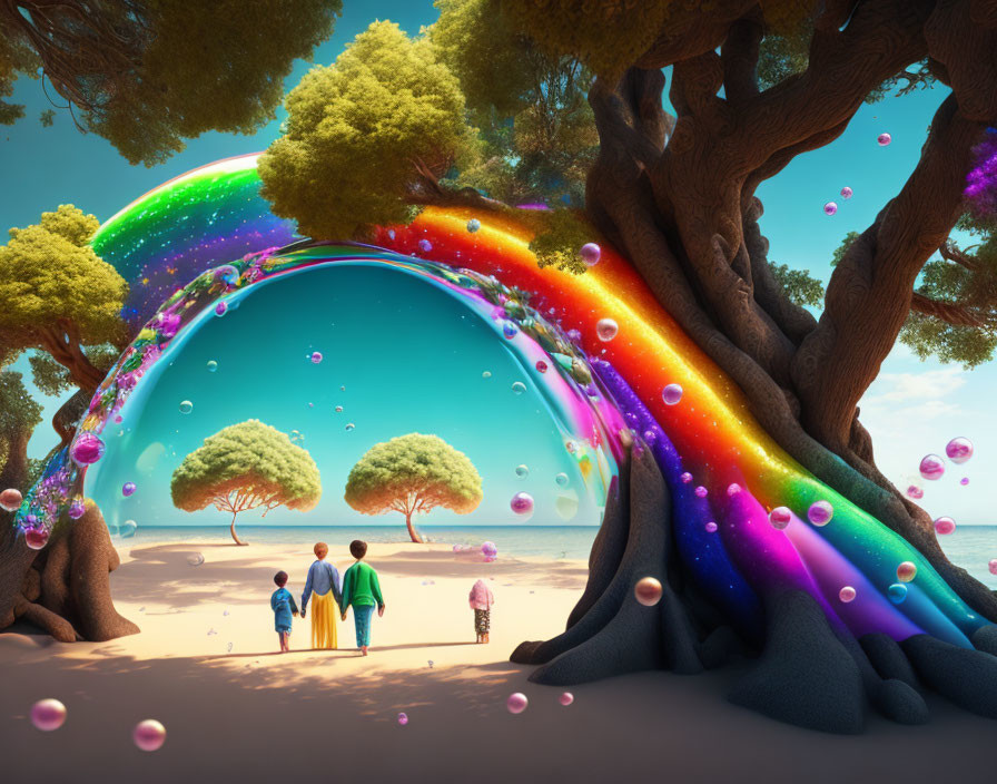 Group of people under vibrant rainbow at beach with floating bubbles and mirrored sky