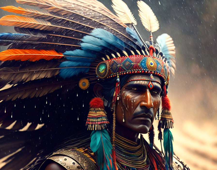 Elaborate Native American headdress with vibrant feathers and beadwork.