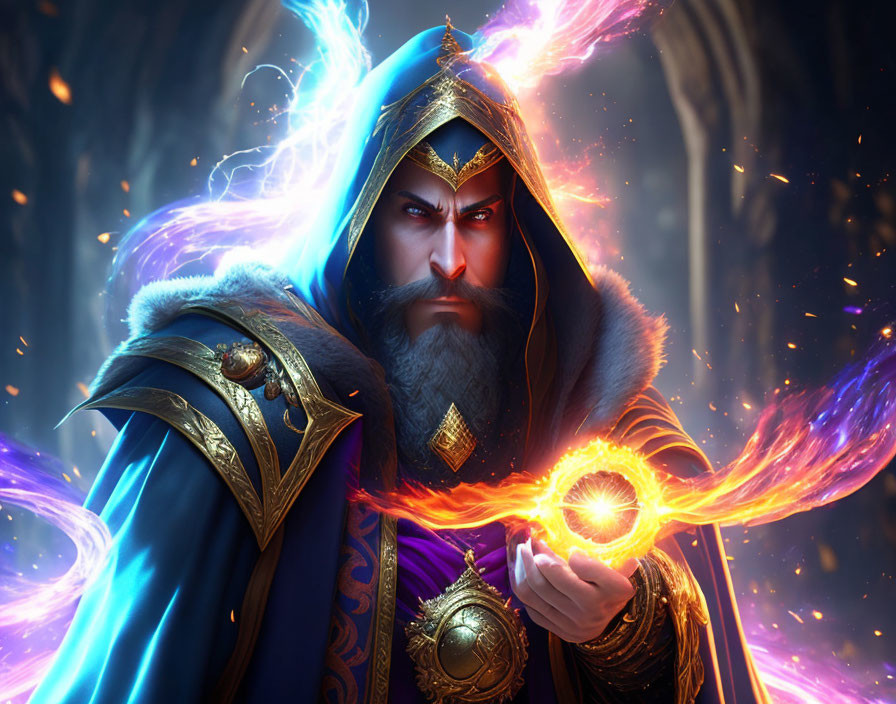 Wizard in blue and gold robe conjures fiery magic orb