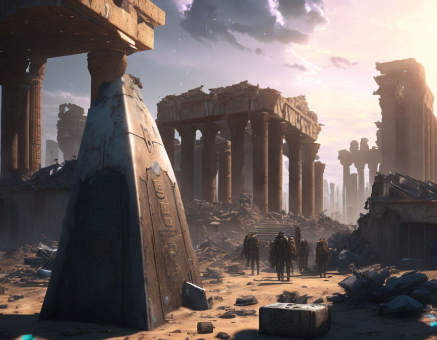 Explorers in ancient ruin with fallen columns and hieroglyphs