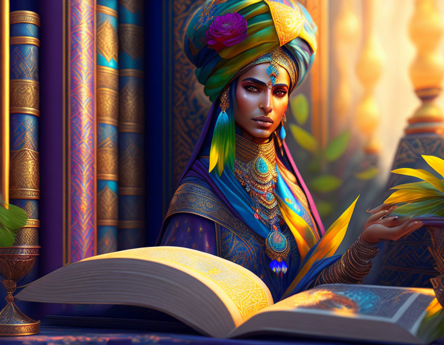 Colorful Turban Woman Reading Book Among Sunlit Shelves