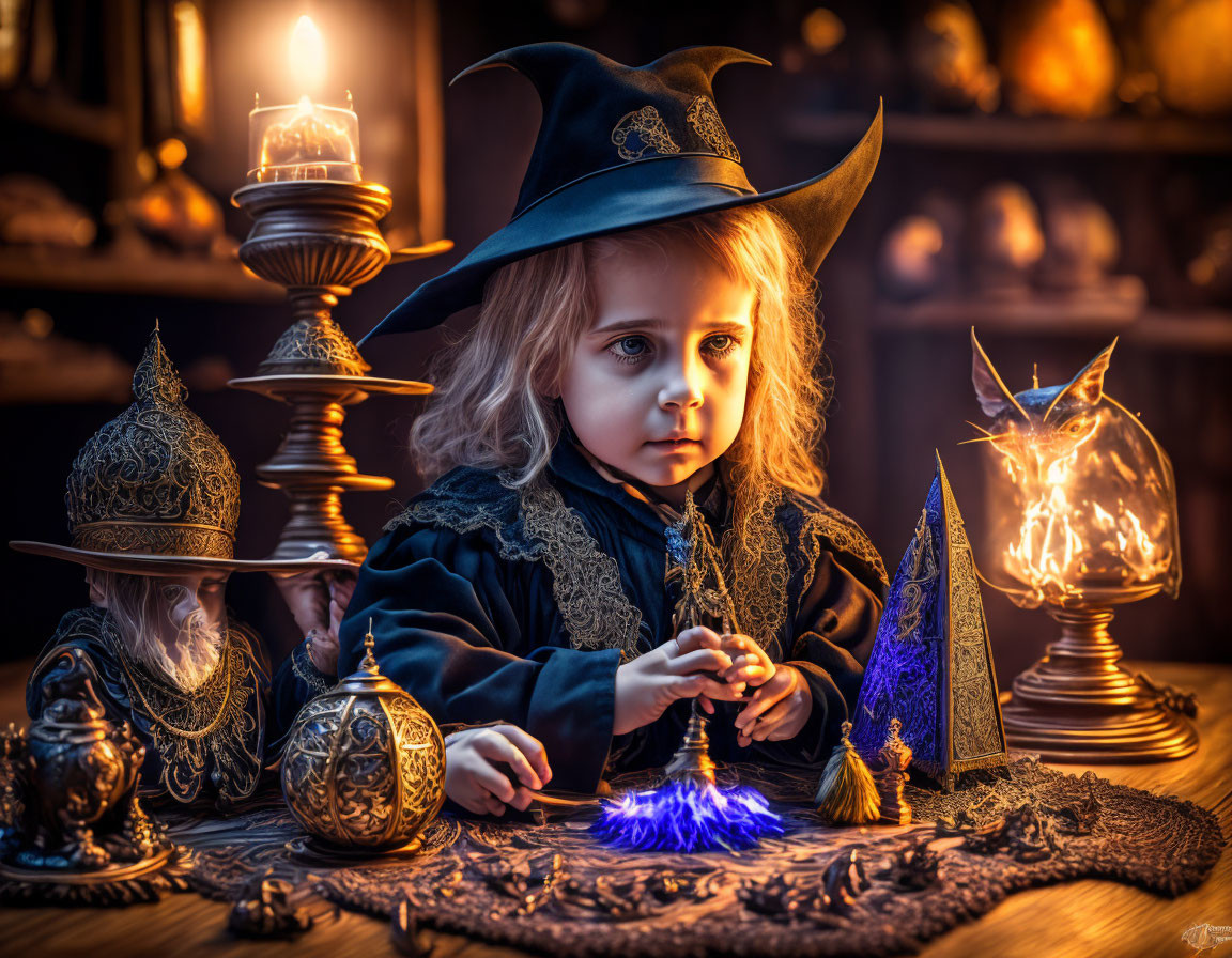 Child in witch costume with magic wand in mystical setting