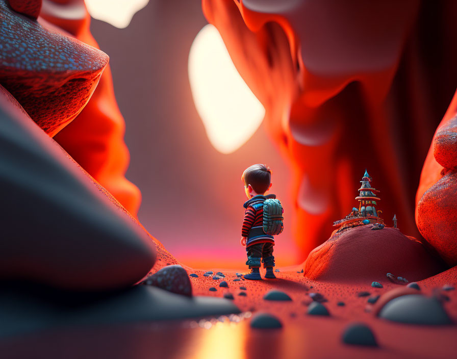 Child with backpack in surreal red landscape with miniature castle