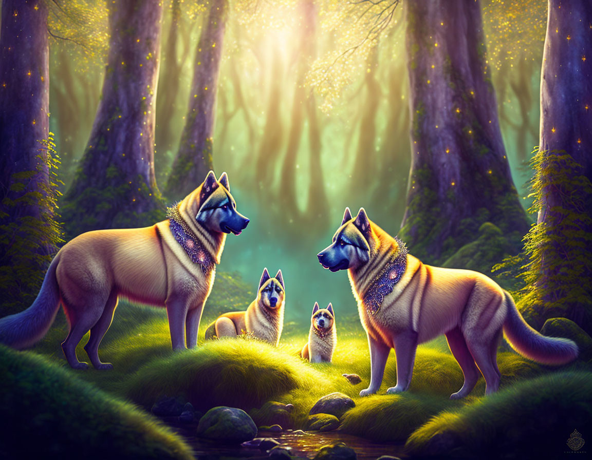 Mystical forest scene with four wolves under sunlight