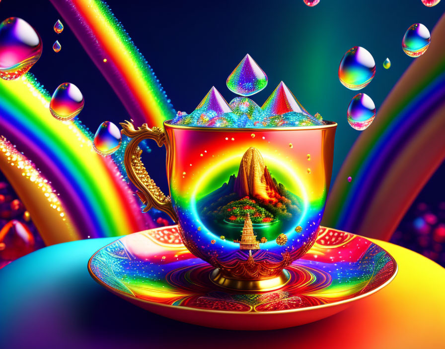 Colorful Teacup Overflowing with Bubbles and Rainbow Streams