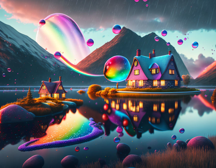 Glowing houses by lake under iridescent sky bubbles & rain