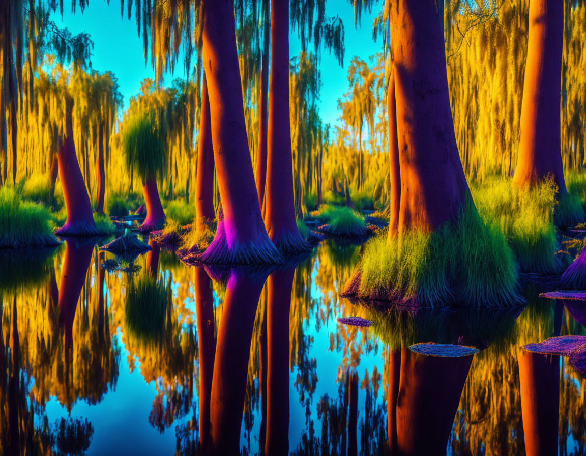 Colorful Forest with Mirror-Like Water Reflections and Surreal Blue and Orange Hues