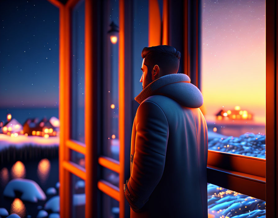 Man in warm coat gazes at snowy night scene with illuminated houses and tranquil sea.