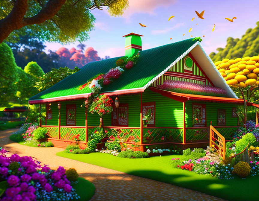 Vibrant illustration of green house with red roof, surrounded by flowers and birds