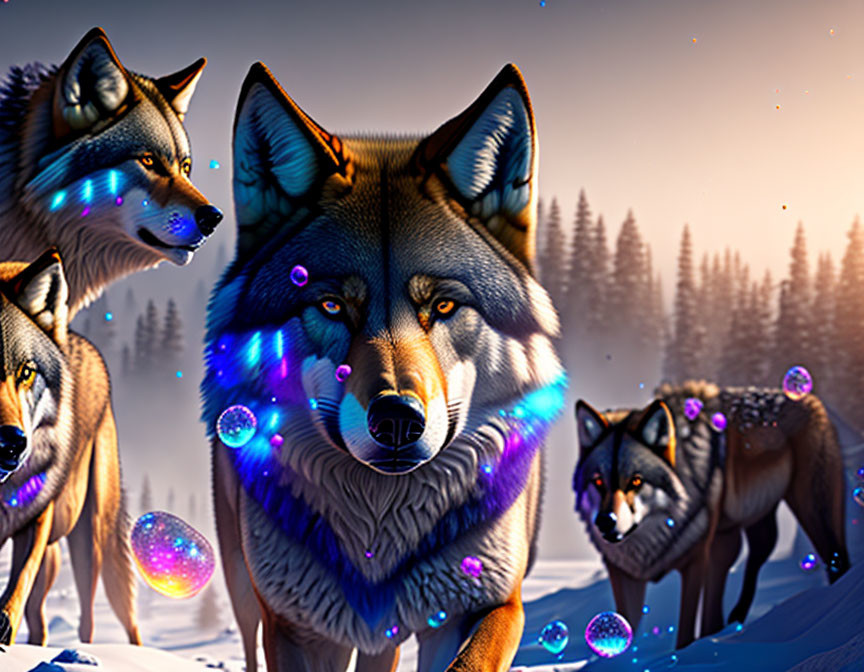 Illustrated wolves with glowing markings in snowy forest dusk