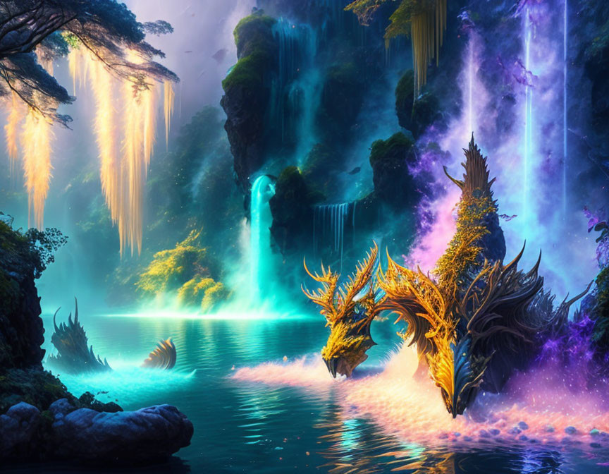 Golden dragon emerges from vibrant lake in lush, twilight scene