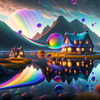 Glowing houses by lake under iridescent sky bubbles & rain