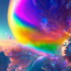 Colorful surreal sky artwork with planet, moon, and lone figure