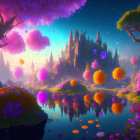Fantasy landscape with castle, purple trees, twilight sky, and glowing orbs.