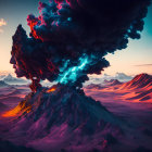 Vibrant surreal landscape with colossal cloud formation above lava rivers