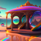 Colorful Pavilion and Iridescent Bubbles by Mountains and Lake