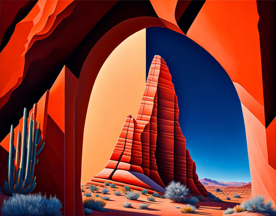 Desert painting with rock formation and arch under blue sky