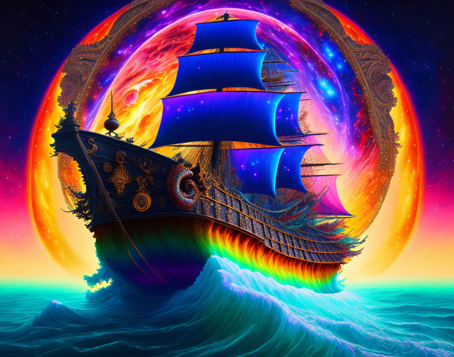 Colorful digital artwork: grand ship sailing cosmic waves under swirling galaxy ring.