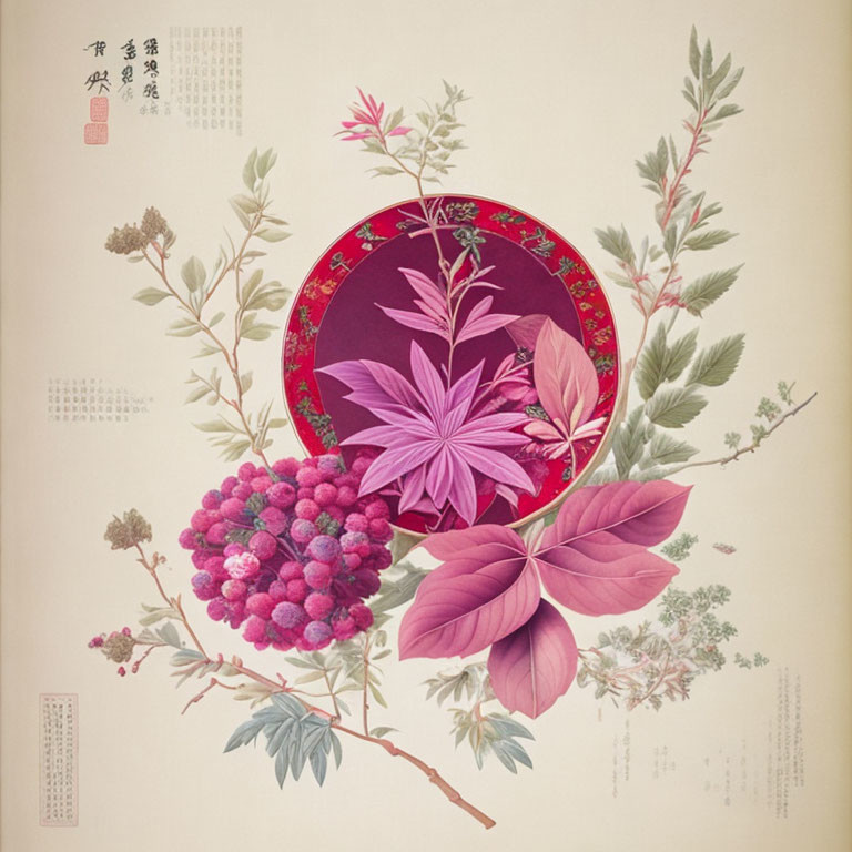 Circular frame Asian botanical illustration with water lily, plants, berries, and Asian characters.