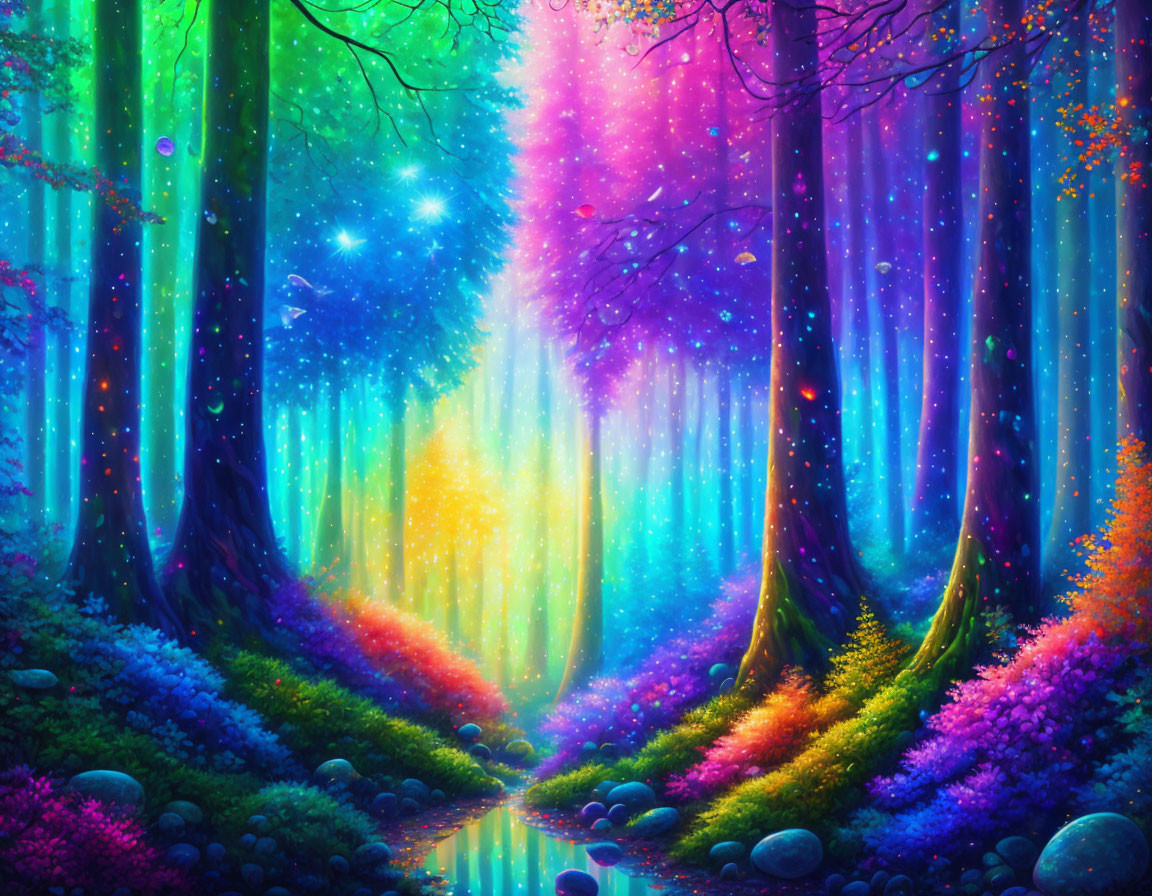 Colorful Neon Forest with Rainbow Underbrush & Night Sky