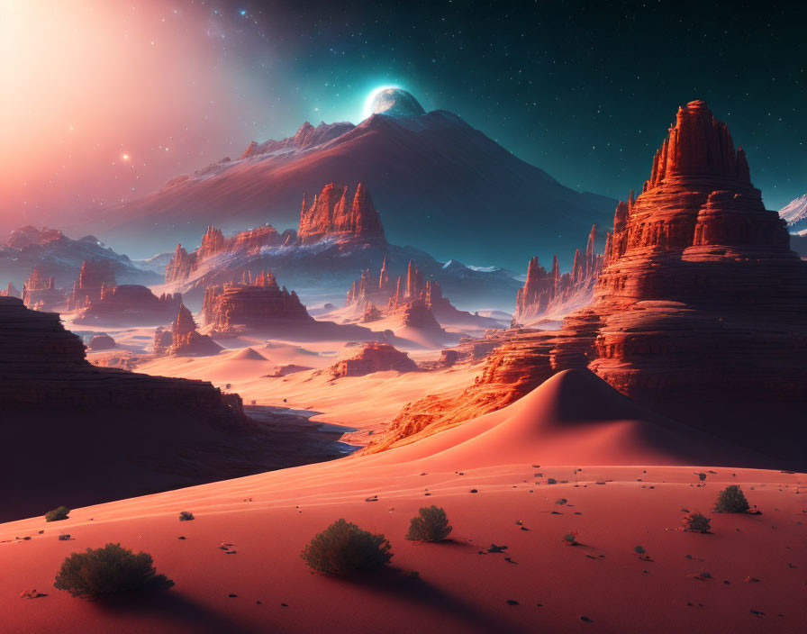 Vibrant red desert with towering rocks under starry sky