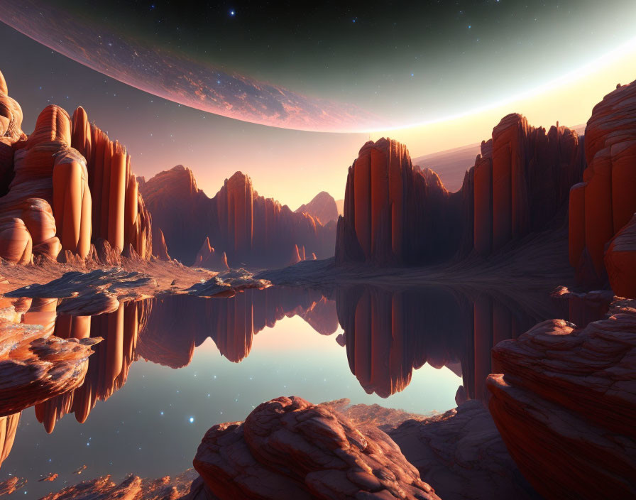 Extraterrestrial landscape with towering rocks, still water, starry sky, and large planet.