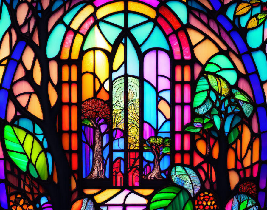 Vibrant tree and leaf designs in colorful stained glass window