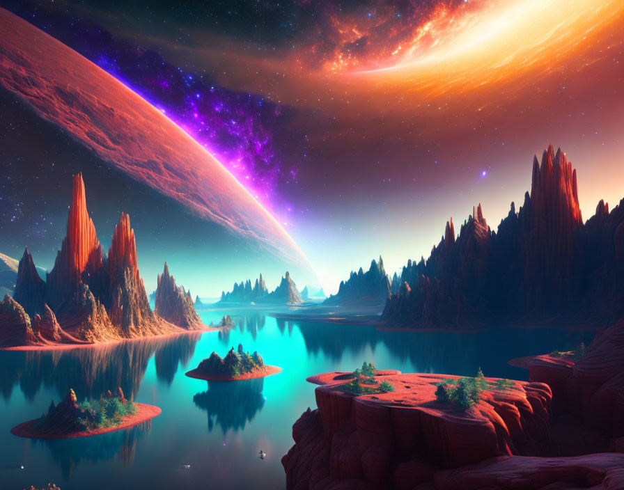 Colorful sci-fi landscape with cosmic sky, planets, lake, rocks, and lush vegetation