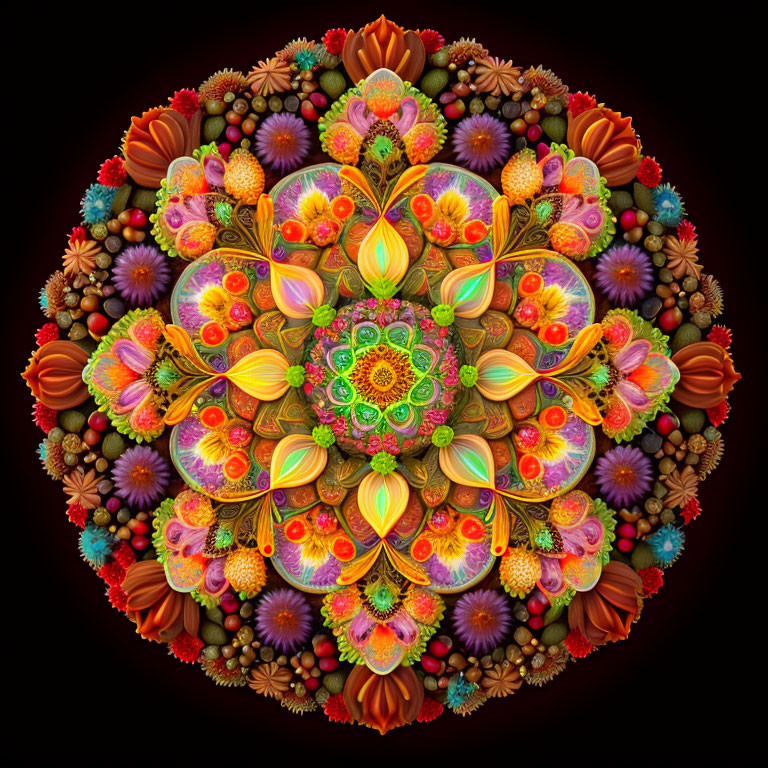 Colorful Fractal Image with Symmetrical Floral Motifs