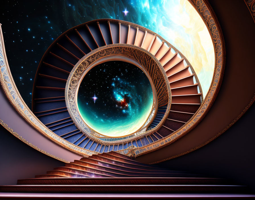 Spiral staircase blending with cosmic space stars and nebulae