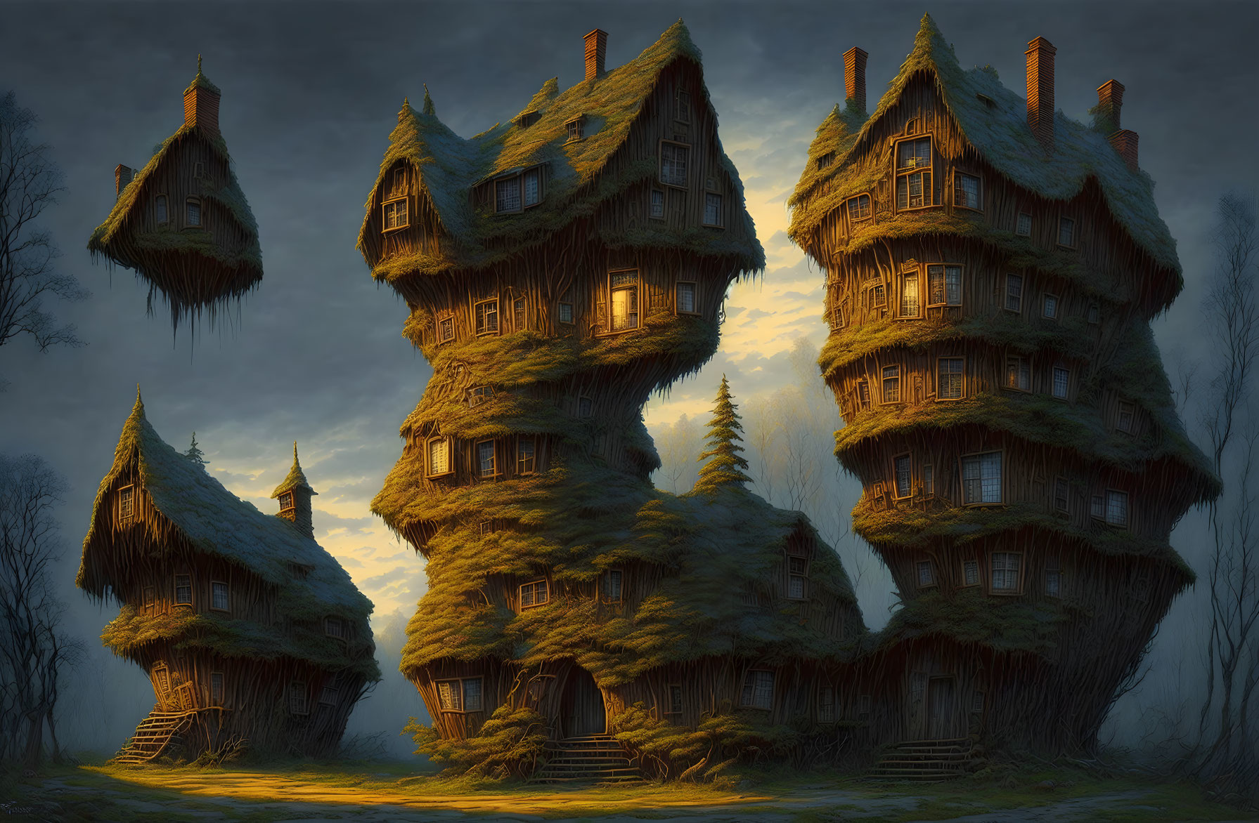 Whimsical multi-storied houses with thatched roofs in twilight glow