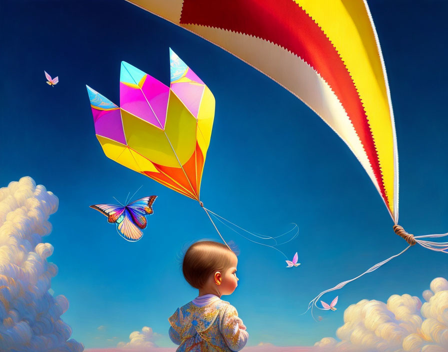 Child in vibrant jacket admires colorful kite and butterflies in blue sky