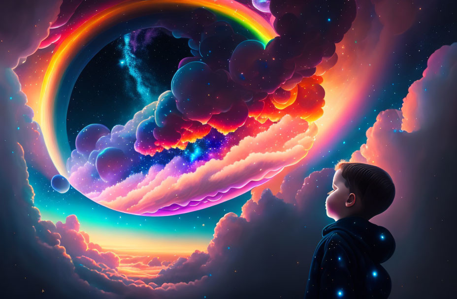 Child captivated by colorful cosmic dreamscape