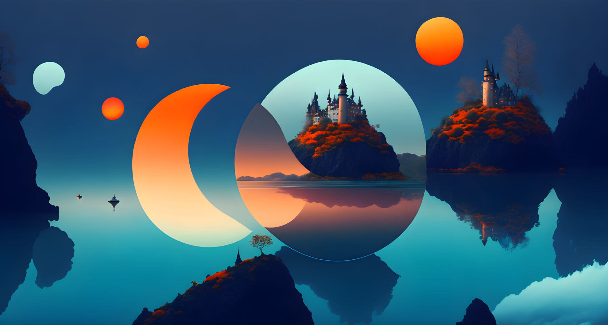 Fantastical landscape with castles, islands, lake, and surreal moons