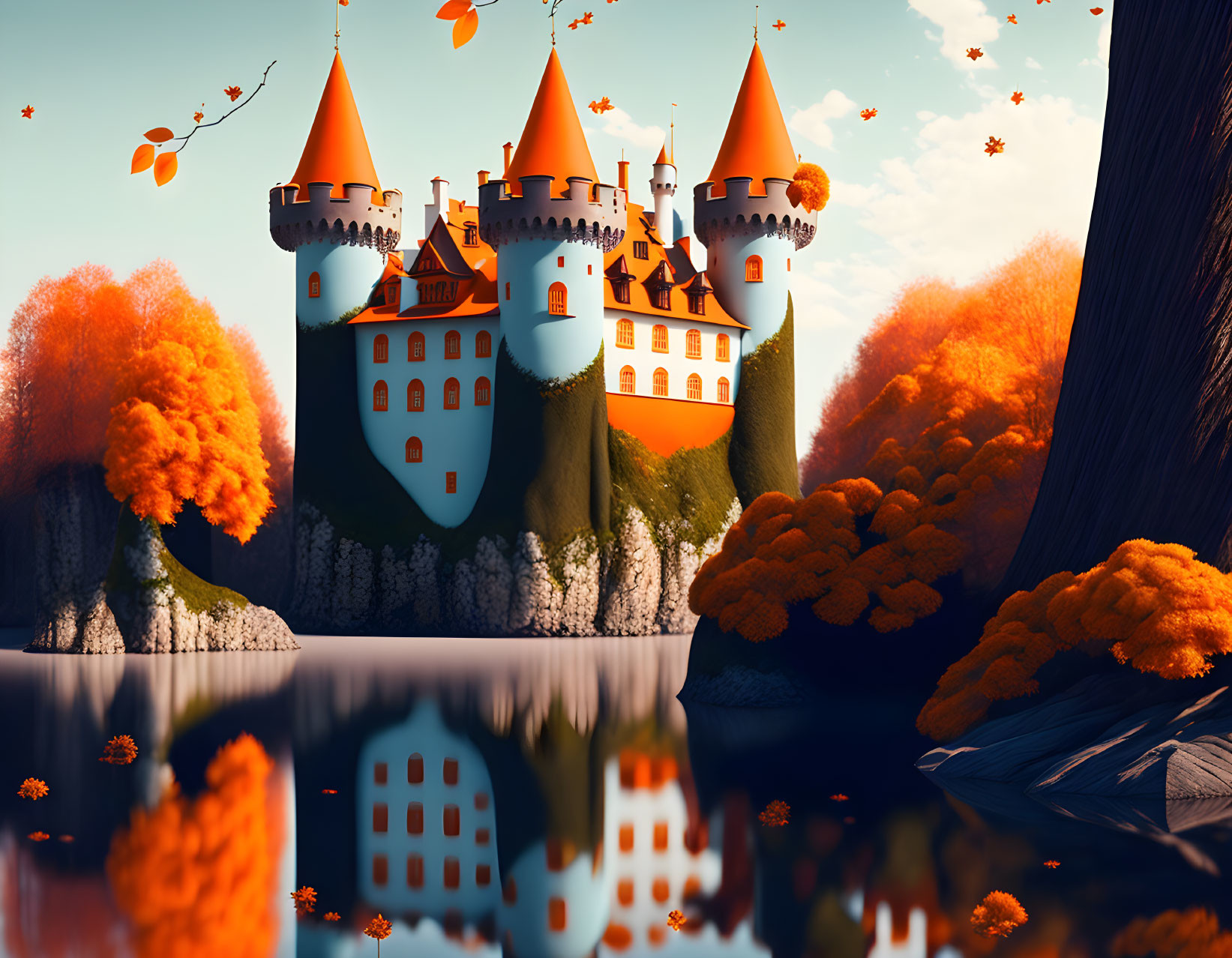 Whimsical castle with orange roofs in autumn scenery