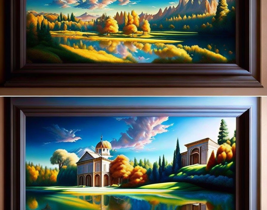 Framed landscape paintings: autumnal forest with mountains and classical buildings by a lake