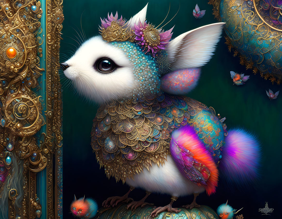 Colorful Mouse-Like Creature with Jewelry and Butterflies