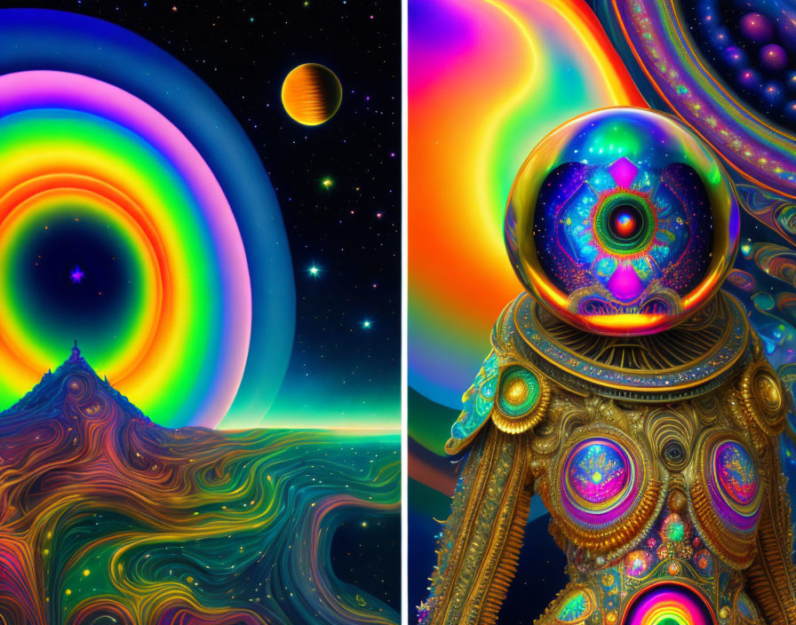 Colorful digital artwork: psychedelic patterns, rainbow skyline, celestial bodies, ornate eye design