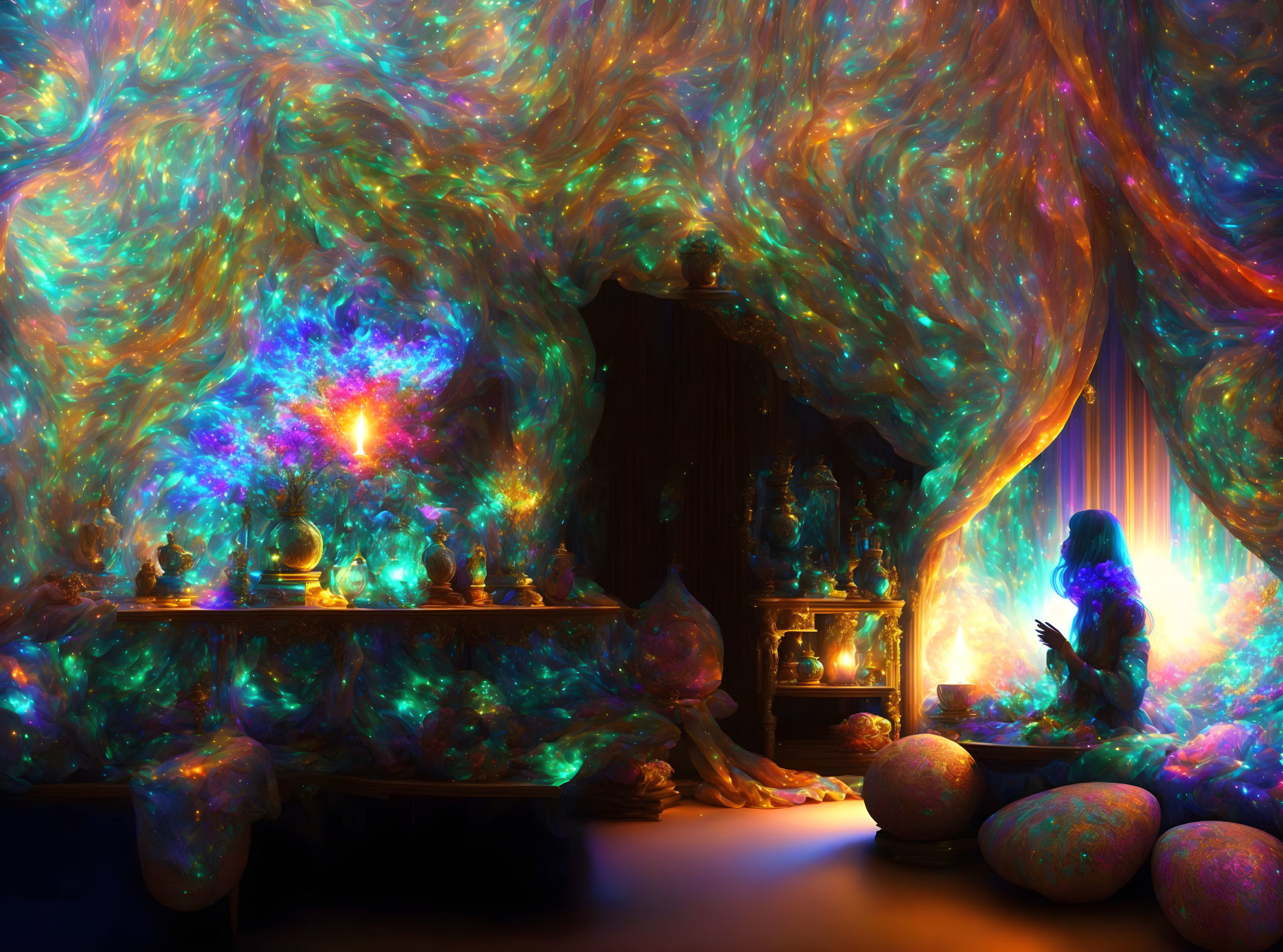 Colorful cosmic room with glowing plants, person, and eggs