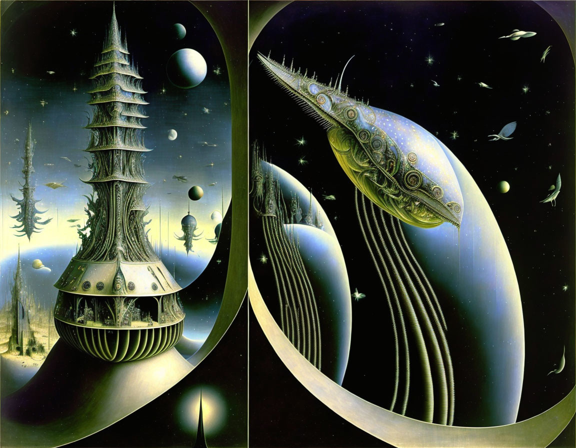 Surrealist artwork: bio-mechanical towers, fish-like airship, floating orbs.