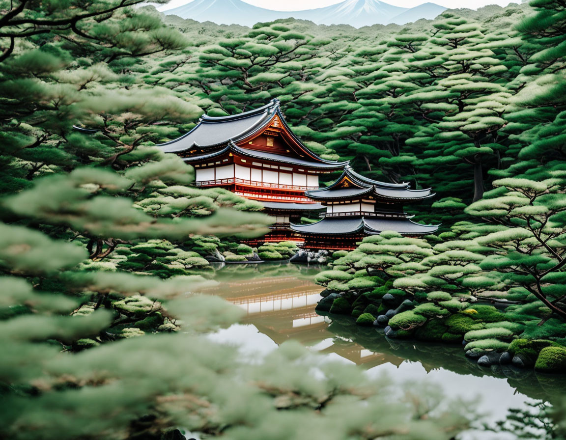 Japanese Traditional Building Surrounded by Pine Trees and Pond