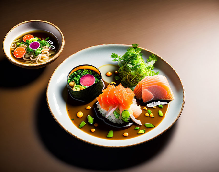 Japanese gourmet meal featuring sushi, sashimi, and ramen on stylish plate