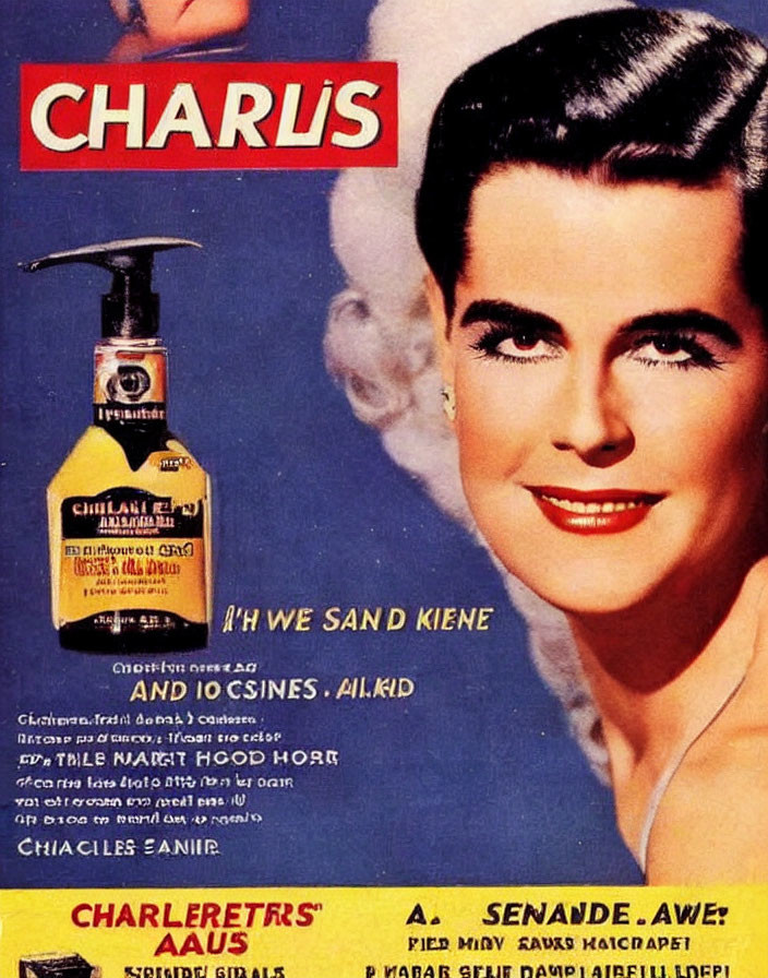 Vintage Advertisement: Smiling Woman with Charis Hair Product Bottle